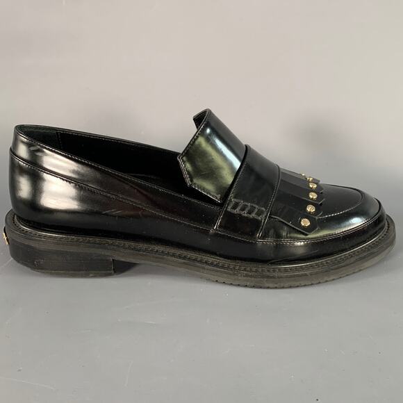 APERLAI Size 7.5 Black Silver Studded Patent Leather Fringed Moccasin Flats - Picture 2 of 14